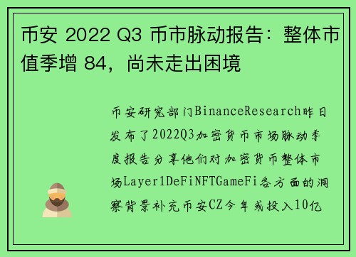 币安 2022 Q3 币市脉动报告：整体市值季增 84，尚未走出困境